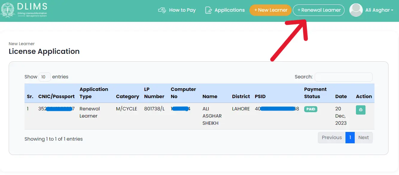 Renewal of Learner's License